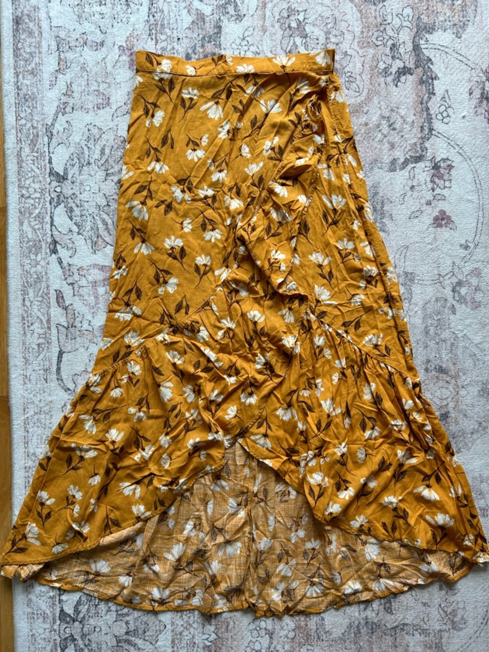 Mustard Floral High-Low Wrap Skirt by